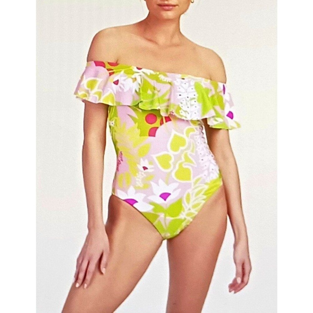 Trina Turk La Palma Ruffle Off Shoulder One Piece Swim Pink Green Floral Sz 12